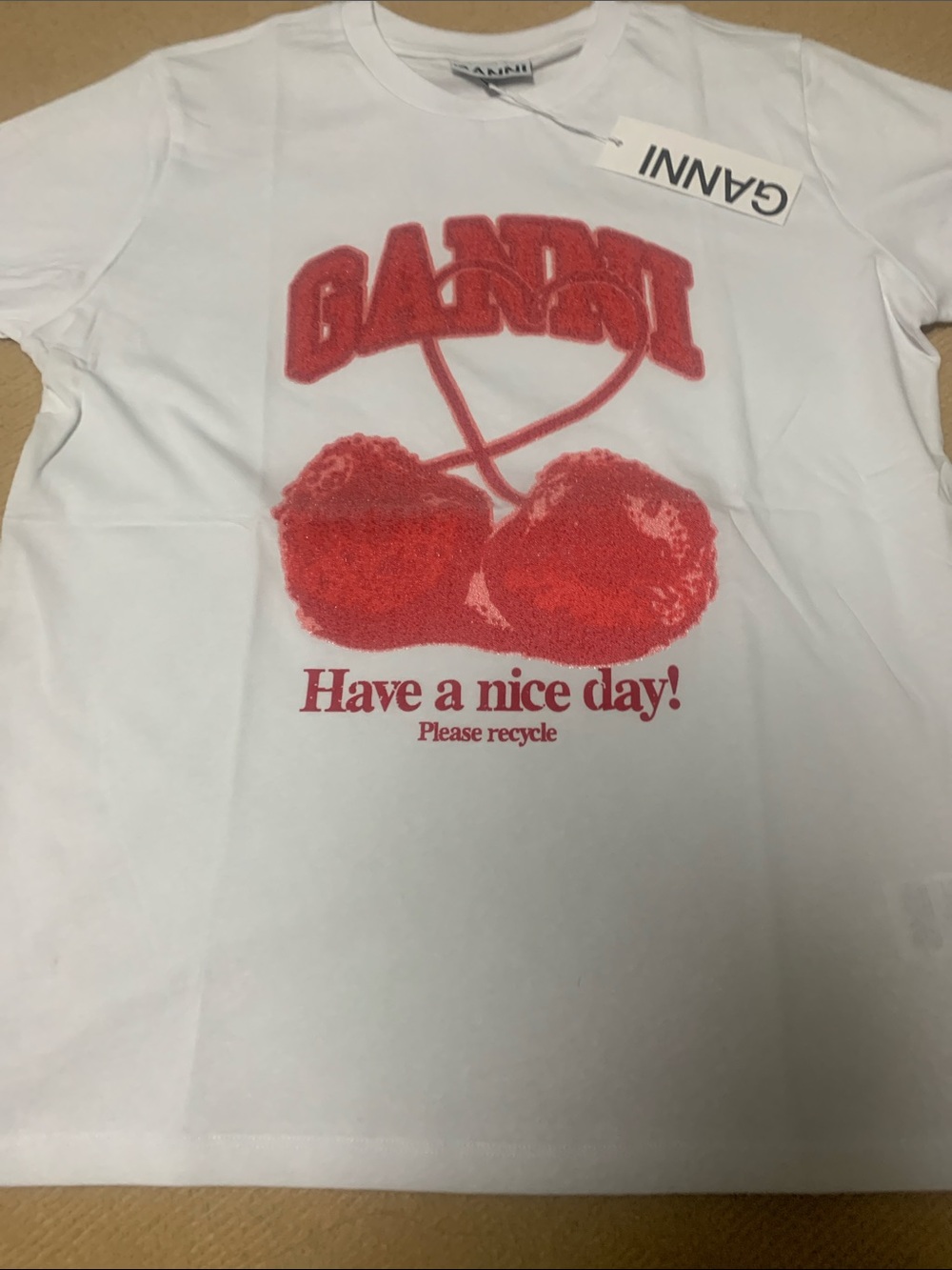 Ganni White Short-Sleep T-shirt Red cherry Heart letter Print short sleeve Crew